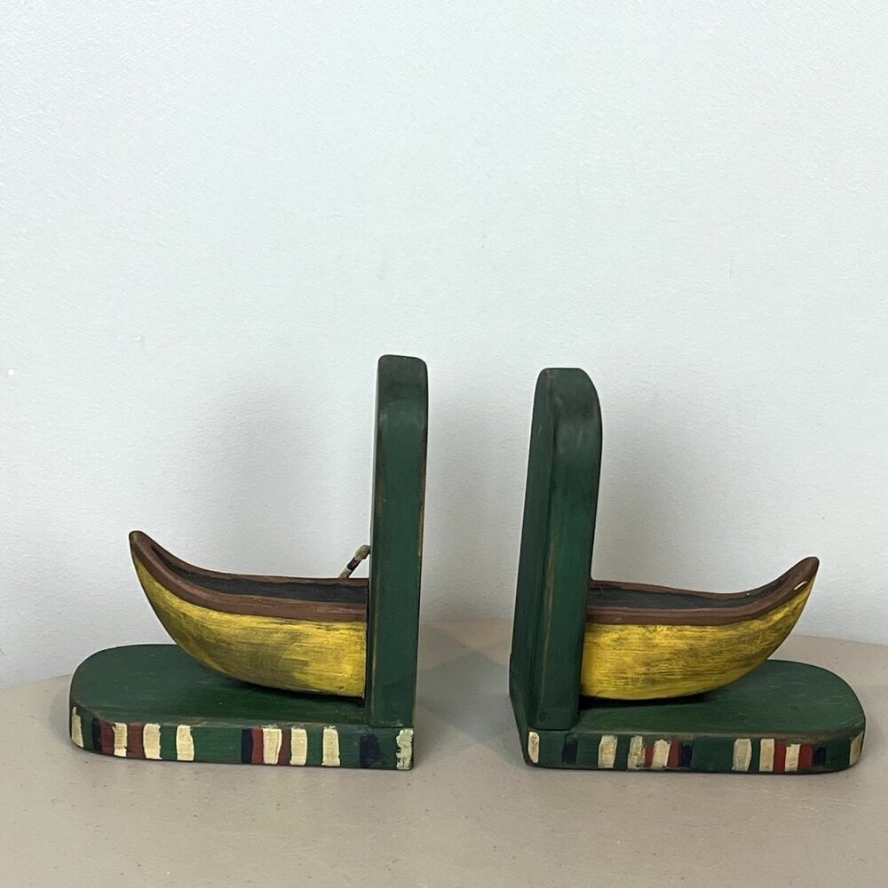 Wooden Canoe Bookends Green Yellow Rustic Man Cave Boys Room Fishing Lightweight